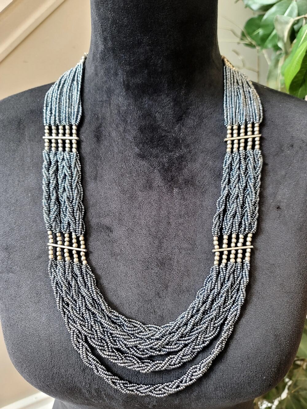 Gray Multi Strand Seed Bead Statement Necklace Gold Tone Accents